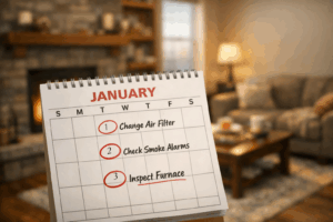 January calendar showing home maintenance checklist with tasks like change air filter and inspect furnace