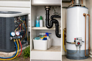 Professional HVAC technician maintenance showing air conditioning unit with diagnostic gauges, under-sink plumbing inspection with P-trap, and gas water heater service for February home maintenance