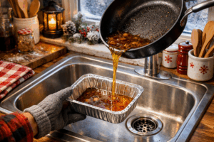 alt="Person pouring cooking grease from pan into aluminum container over kitchen sink to prevent winter drain clogs"